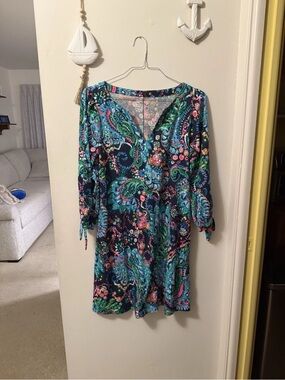 LILLY PULITZER Cath Dress Take Me To The Sea 3/4 Sleeve V Neck Cotton Women’s L